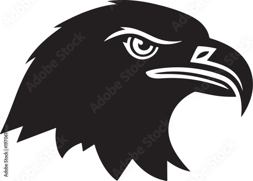 Black and white eagle head illustration with sharp gaze