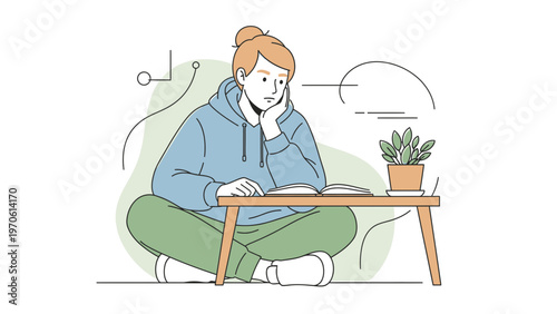 Young Woman Reading Book on Floor, Studying, Thinking, Focused, Minimalist Illustration