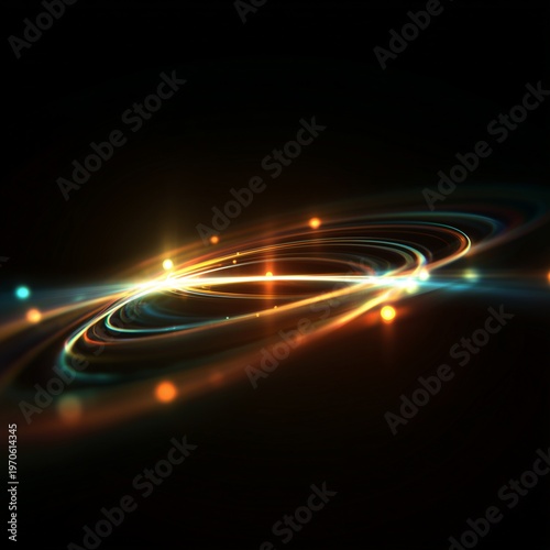 Golden Orbit: A mesmerizing display of celestial light, featuring a series of concentric, glowing rings and scattered points of luminescence, creating a sense of ethereal beauty and cosmic dance.