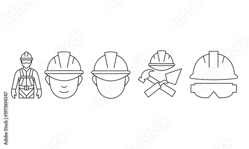 Construction worker and safety equipment icons set with hard hat goggles and harness for site safety.Editable stroke, Vector illustration, Line art Icon, Symbols.