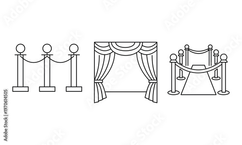 Red carpet and luxury stanchion barrier with curtain icons for VIP event and premiere entrance design.Editable stroke, Vector illustration, Line art Icon, Symbols.