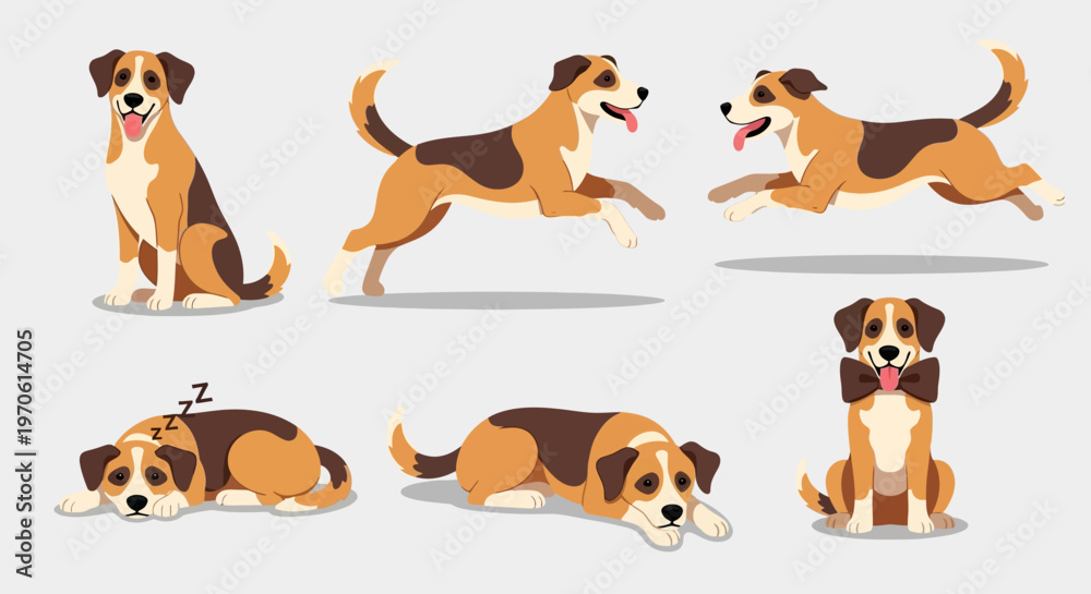 Obraz premium Cute Cartoon Dog Poses Set: Sitting, Running, Sleeping, Bowtie
