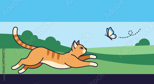 Cute Orange Cat Chasing a Butterfly in a Green Field
