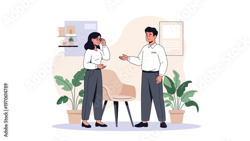 Man and Woman Talking in Office with Plants, Discussing Business or Personal Issues