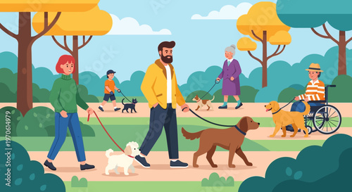 Diverse people walking dogs in a park, enjoying autumn day, flat illustration