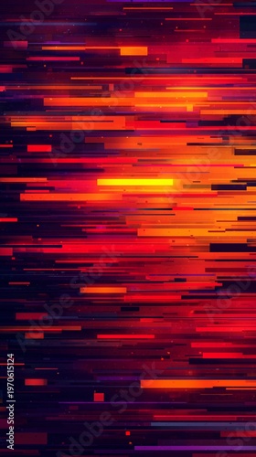 Abstract Data Stream: A dynamic stream of vibrant lines, in shades of fiery red, intense orange, and deep purple, flows across the frame, creating a sense of rapid movement and digital energy.