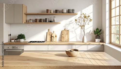 A serene Japandi kitchen interior featuring a smooth wooden countertop and minimal decor. The space is bathed in soft natural light