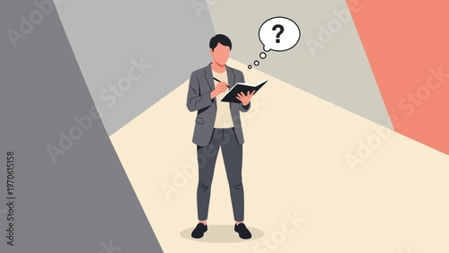 Man Thinking with Question Mark, Writing in Notebook, Business Concept