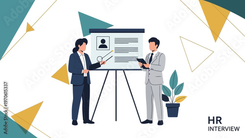 HR professional conducting job interview with candidate presenting resume on whiteboard