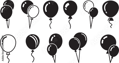 Black balloons on white background for party decoration and celebration