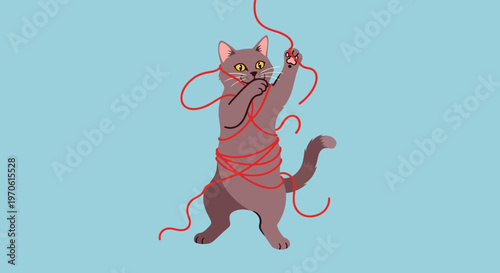 Playful Cat Tangled in Red Yarn on Blue Background