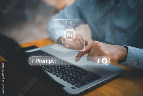 Billede på lærred Close-up of businessman using laptop with floating AI command prompt and icons, representing artificial intelligence, prompt engineering, generative technology for digital transformation