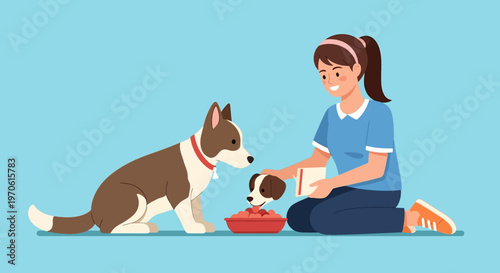 Woman feeding dog and puppy healthy food from bowl, pet care illustration