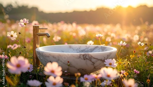 A breathtaking conceptual shot of a sleek marble sink standing in a lush wildflower meadow during a vibrant sunset. The golden hour light casts a warm, romantic glow over the scene