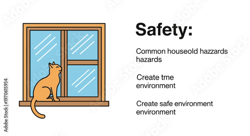 Cat sitting on windowsill, safety warning, common household hazards