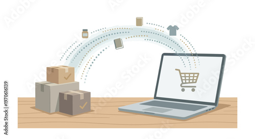 E-commerce Concept with Laptop Shopping Cart and Delivery Boxes