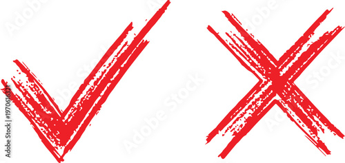 Check tick mark icon set. Cross box x check mark checkbox v list vector draw hand drawn sketch doodle brush marker checklist symbol wrong right circle. Vector Illustration.