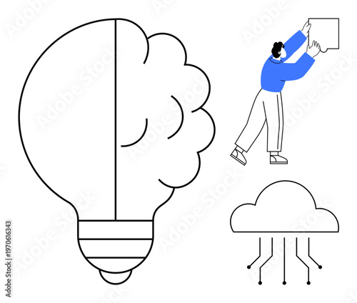 Idea concept. Idea generation through brain and lightbulb imagery, cloud computing, and data connection. Idea contributes to creativity and innovation storage systems. For tech, innovation, AI tools