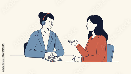 Customer service representative with headset talking to client during a meeting at desk