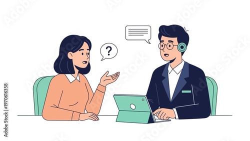 Business meeting illustration: woman asking question, man with headset and tablet
