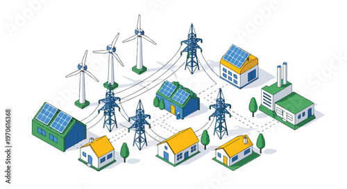 Isometric vector showing a smart power grid connecting renewable wind and solar energy sources to residential buildings and a factory.