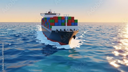 Cargo ship container vessel at sea at sunset moving swiftly for global shipping and international trade business and export