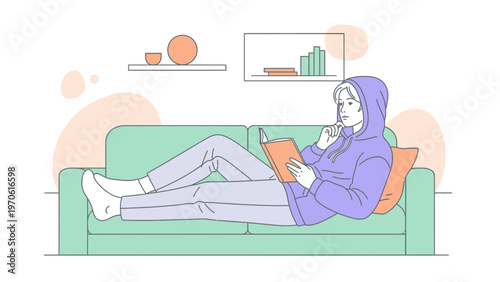 Young person in hoodie reading book on sofa, relaxing at home, minimalist illustration