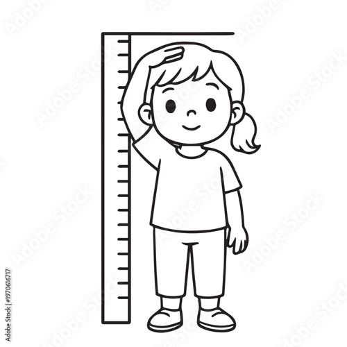 A vector illustration of a little girl measuring her height using a vintage measuring tool, designed with soft details to create a nostalgic, warm, and charming scene.