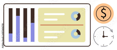 Financial planning, time management, business analytics, data visualization, productivity strategies, budgeting systems. Bar graphs, pie charts clock and dollar icon. Financial planning and time