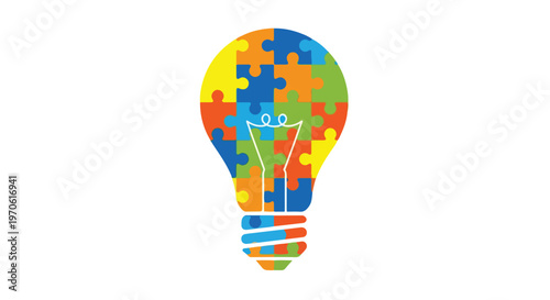 A vibrant light bulb constructed from multi-colored jigsaw puzzle pieces, symbolizing creative problem-solving and innovative conceptual thinking.