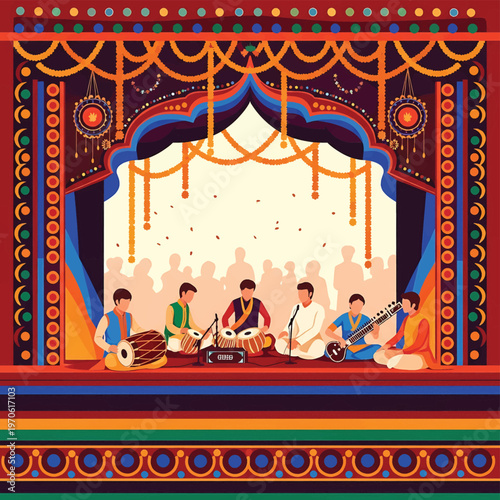 Indian musicians playing traditional instruments together.