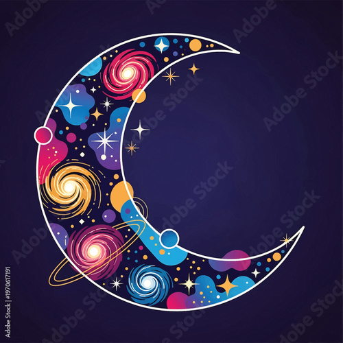 Colorful crescent moon with swirling galaxies.