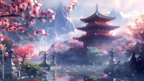 A serene traditional Japanese pagoda with curved roof