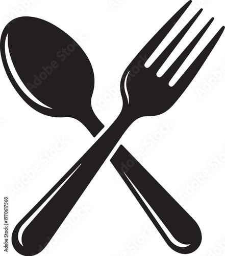 Crossed black spoon and fork on white background simple icon