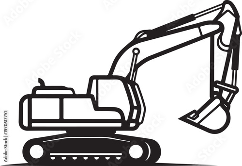Black and white excavator machine illustration with tracks and arm