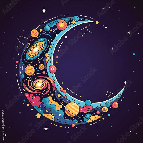 Crescent Moon with Planets and Stars.