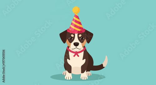 Brown and white dog wearing party hat.