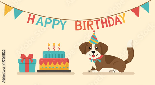 Brown dog wearing party hat standing.