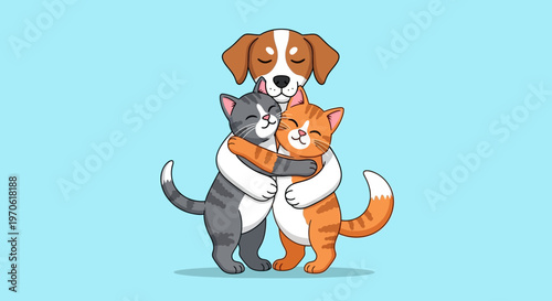 Dog Cat and Kitten Hug Together.