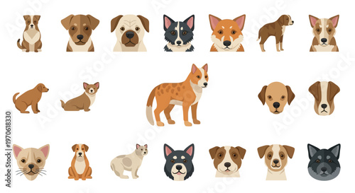 Dogs and Cats Faces Closeup Portrait.