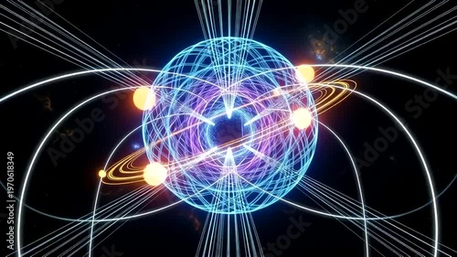Glowing Blue Sphere with Orbiting Particles.