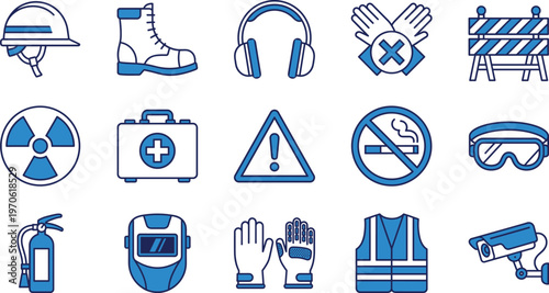 Collection of blue linear icons representing industrial safety, construction gear, protective equipment, hazard warning signs, and worker security symbols.