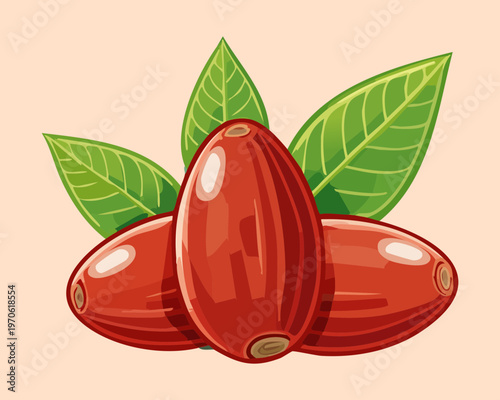 Freshly picked red dates fruit with green leaves for organic food market and wellness branding - Vector Illustration