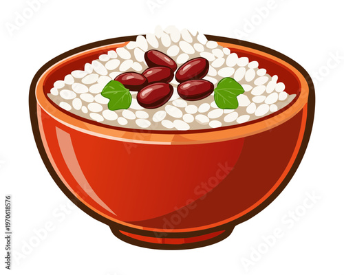 Traditional bowl of rice topped with red beans for asian cuisine and healthy meal concept - Vector Illustration
