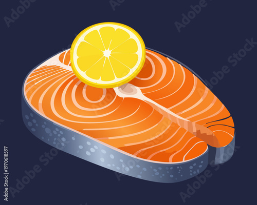 Premium atlantic salmon steak with lemon slice for nutrition and healthy lifestyle blog content - Vector Illustration