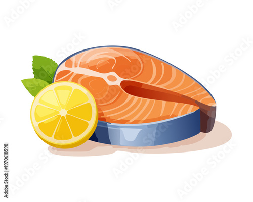 Raw salmon fillet portion with lemon garnish for seafood restaurant and gourmet cooking recipe - Vector Illustration