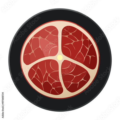 Round slice of salami sausage with fat spots for deli shop and snack - Vector Illustration