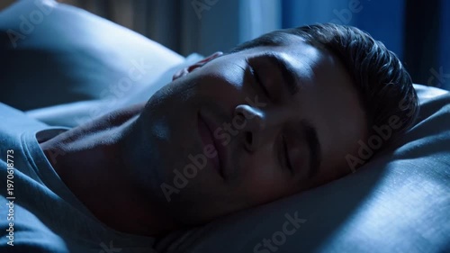 Man sleeping peacefully in bed at night with soft blue light illuminating his face