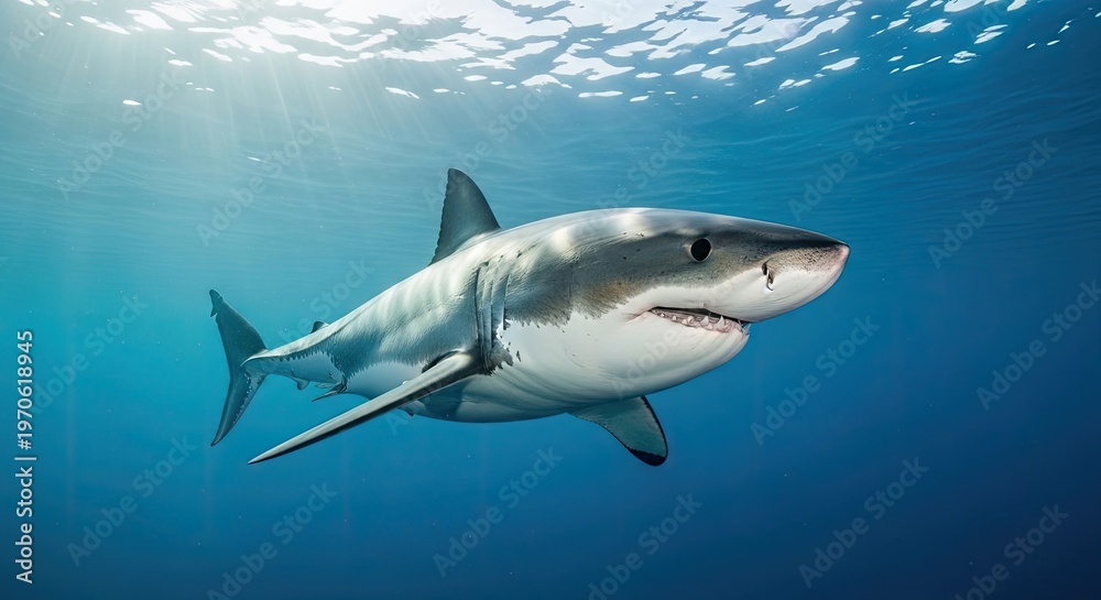 Obraz premium Majestic great white shark glides through azure waters a powerful predator in its natural habitat