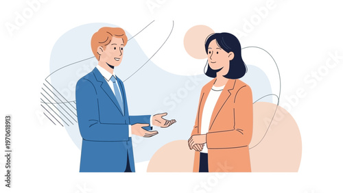 Business meeting illustration: man and woman discussing ideas in a modern office setting.